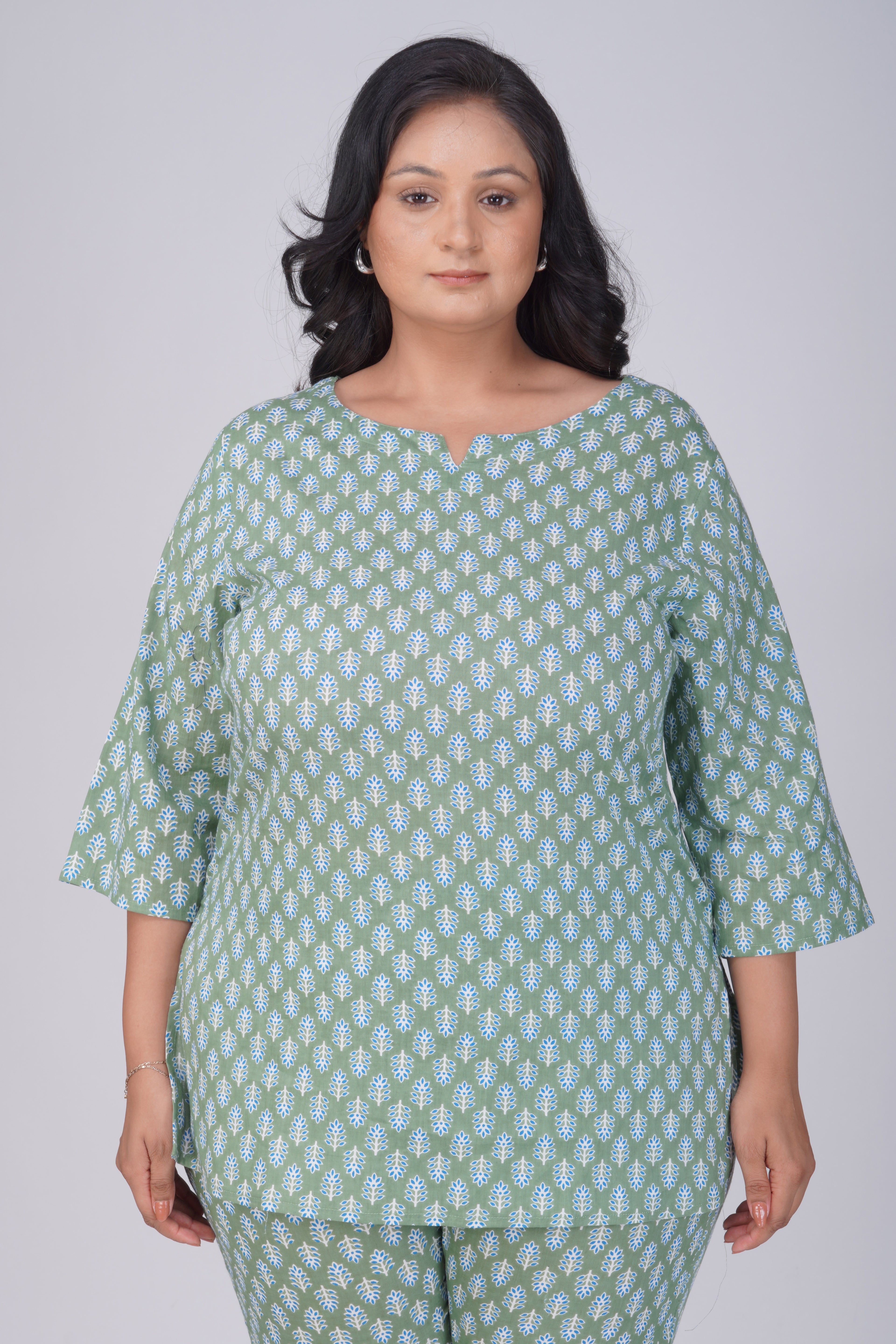 Dark Sea Green Plus Size Cotton Printed Pyjama Set