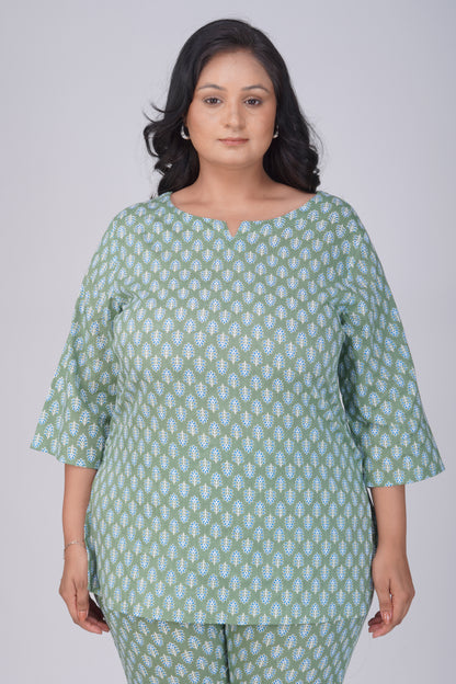 Dark Sea Green Plus Size Cotton Printed Pyjama Set