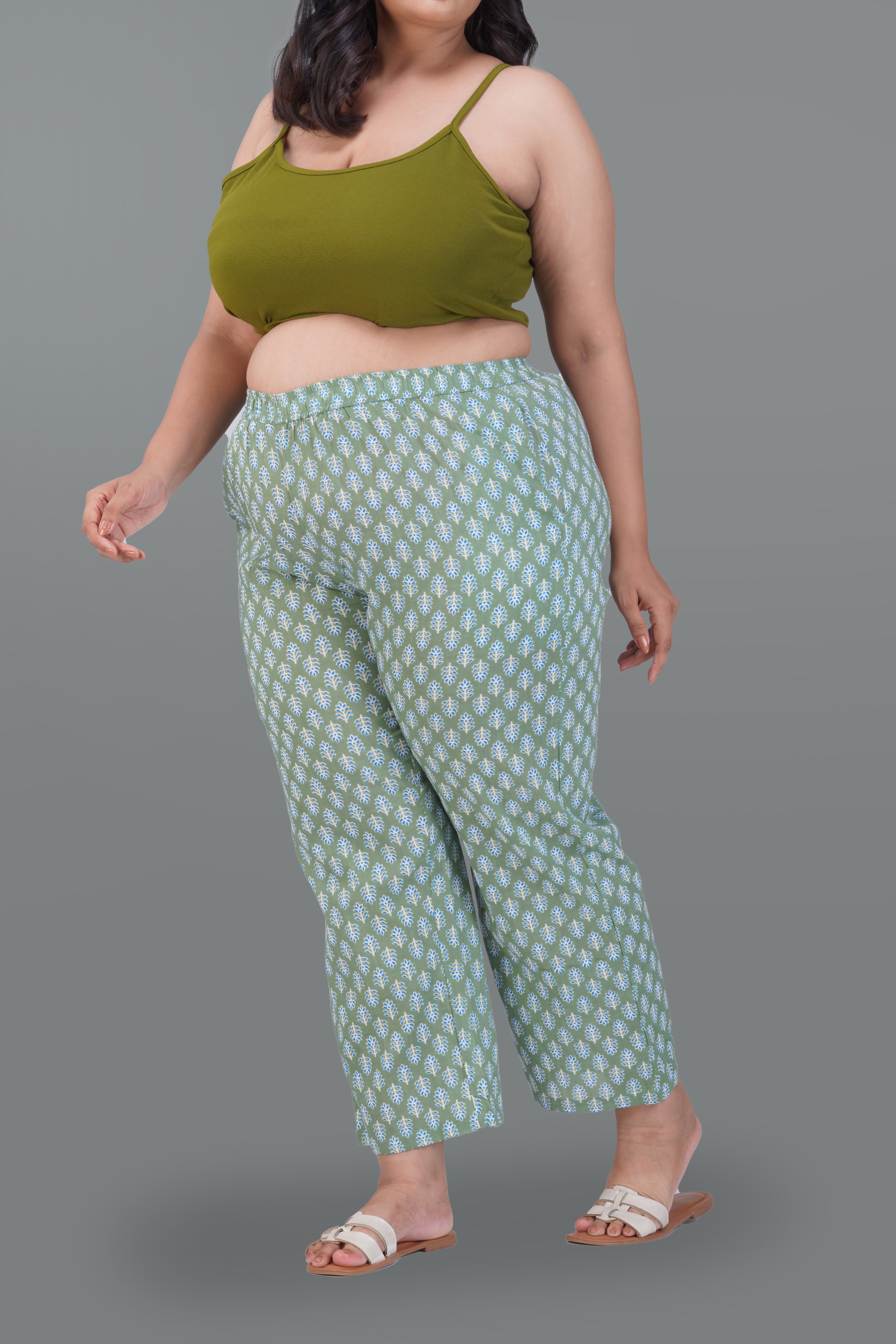 Dark Sea Green Plus Size Cotton Printed Bottom