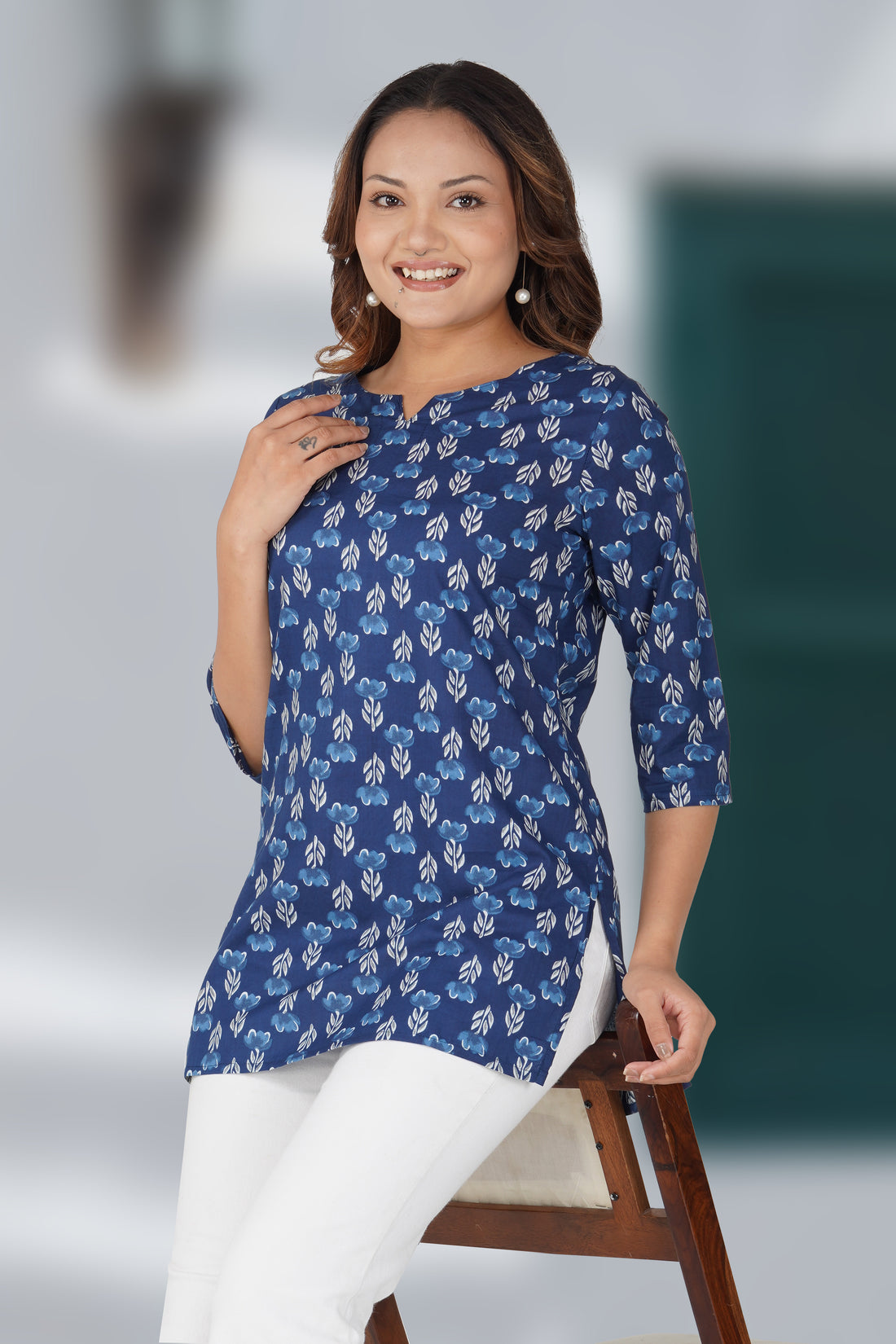 Dark Midnight Blue Cotton Printed Kurti