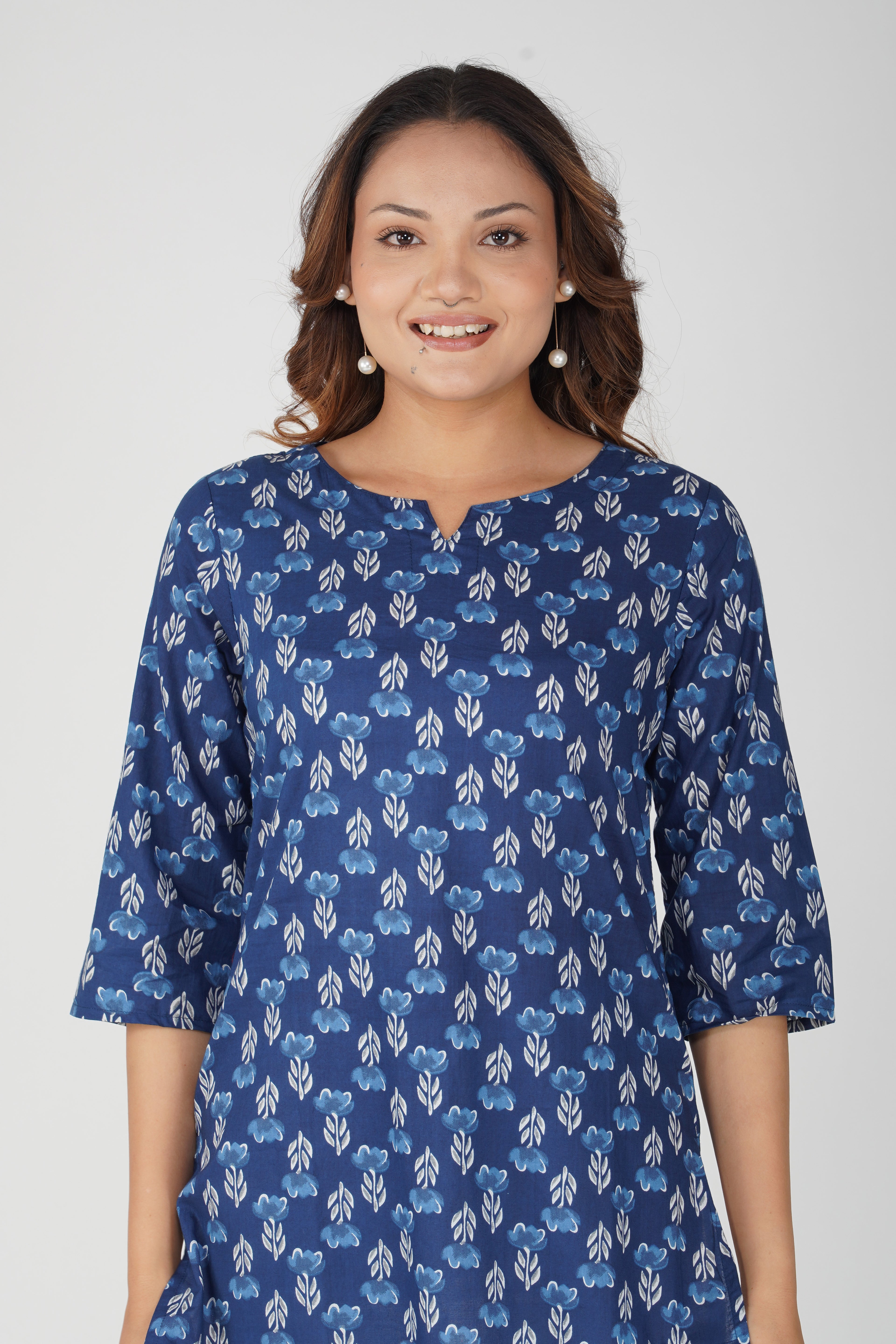 Dark Midnight Blue Cotton Printed Kurti