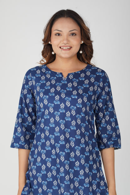 Dark Midnight Blue Cotton Printed Kurti