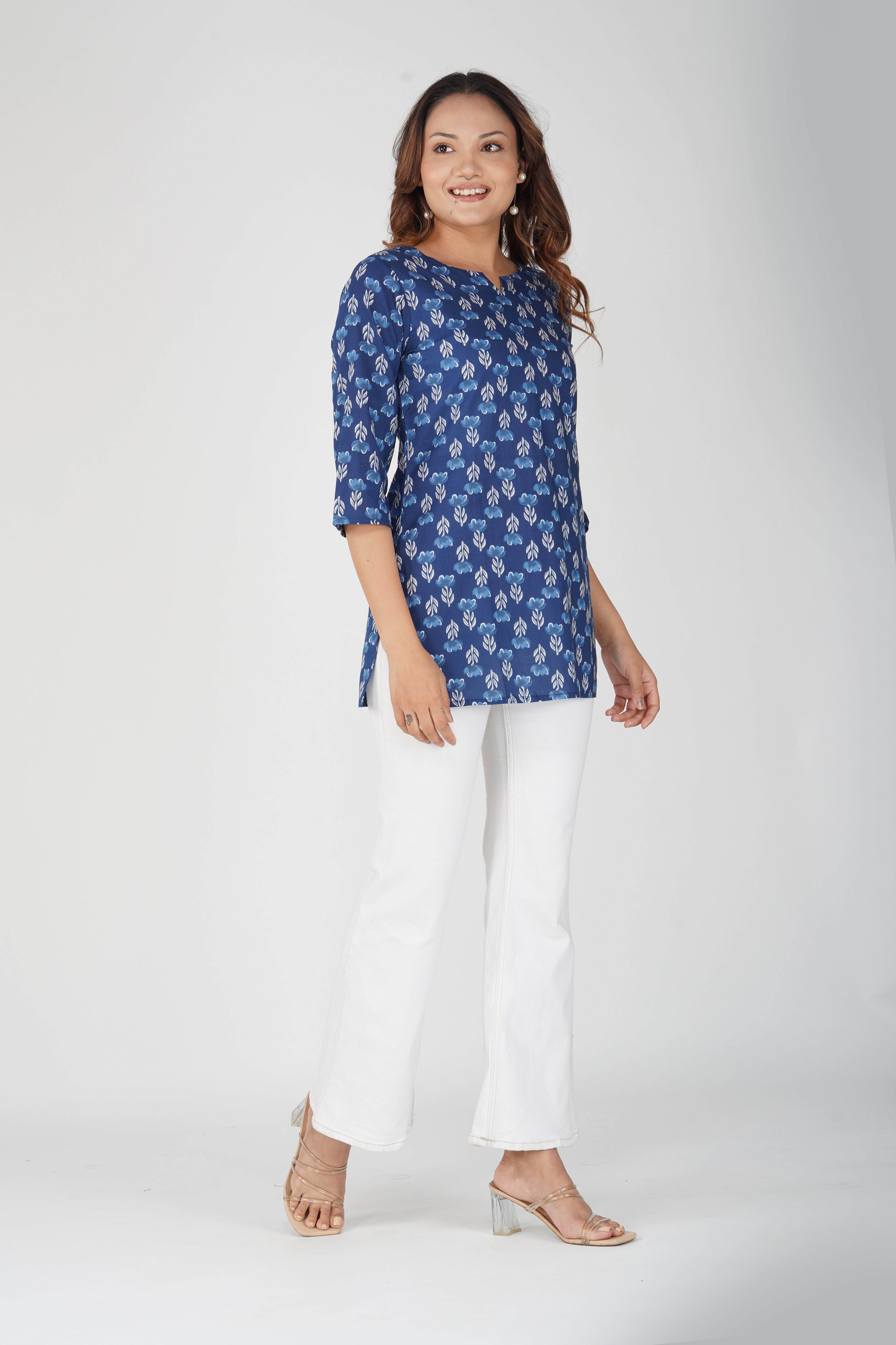Dark Midnight Blue Cotton Printed Kurti