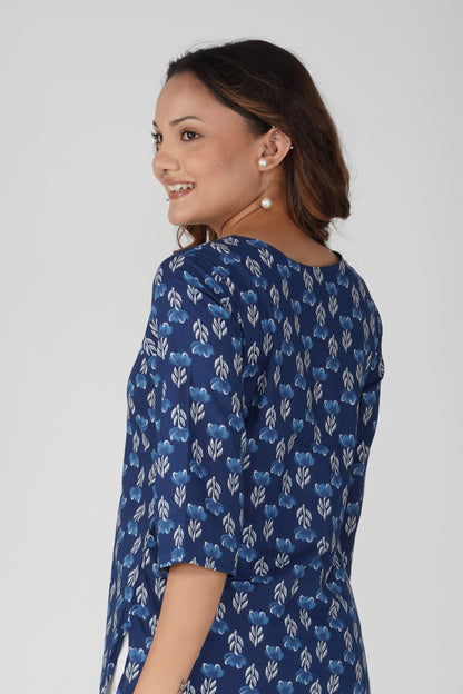 Dark Midnight Blue Cotton Printed Kurti