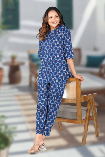 Dark Midnight Blue Cotton Printed Pyjama Set