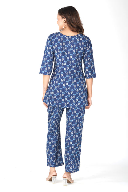 Dark Midnight Blue Cotton Printed Pyjama Set