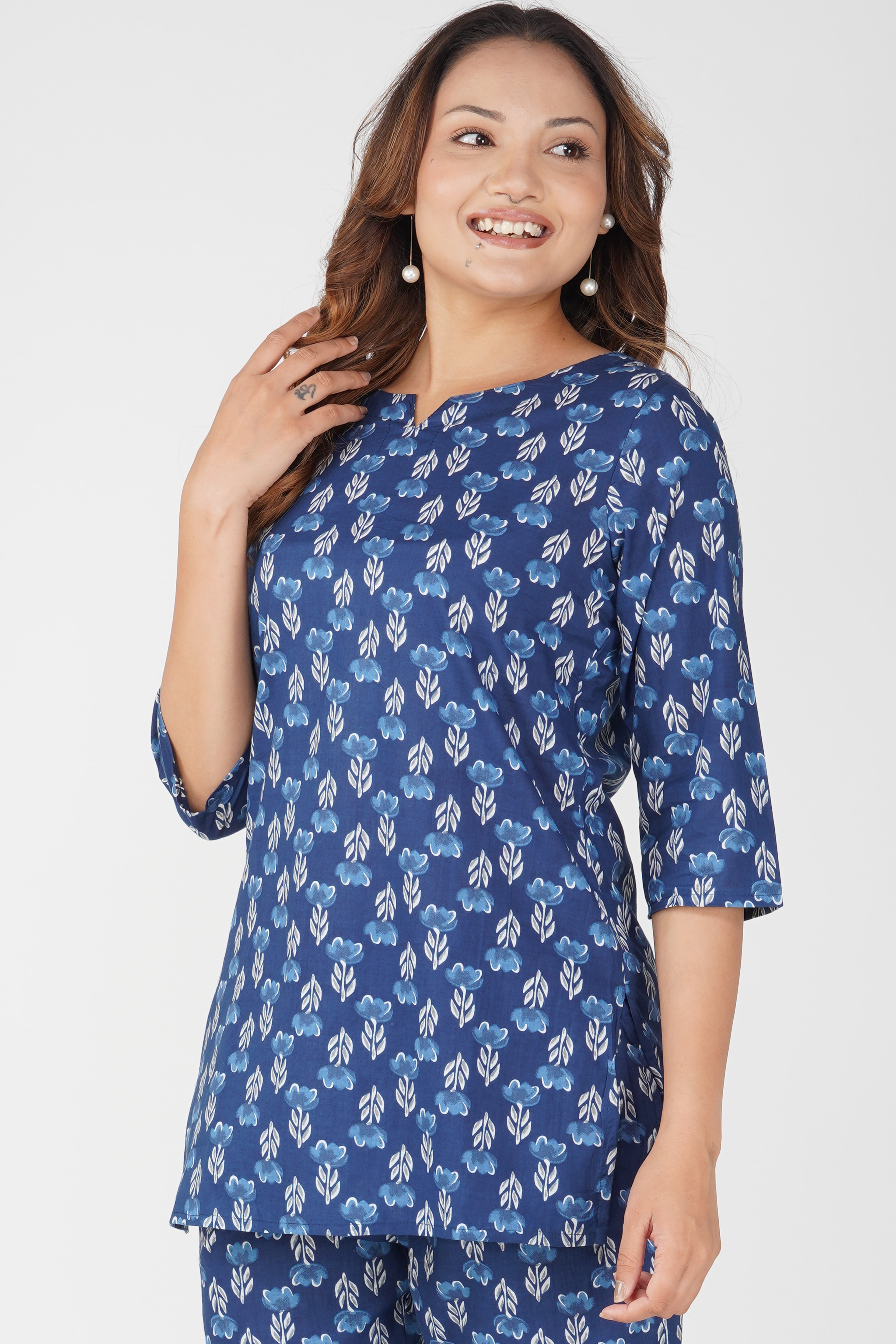 Dark Midnight Blue Cotton Printed Pyjama Set