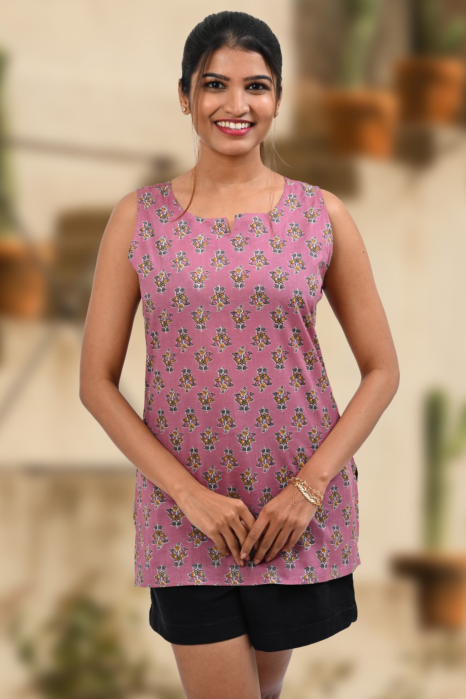 Dusty Lavender Cotton Printed Sleeveless Kurti