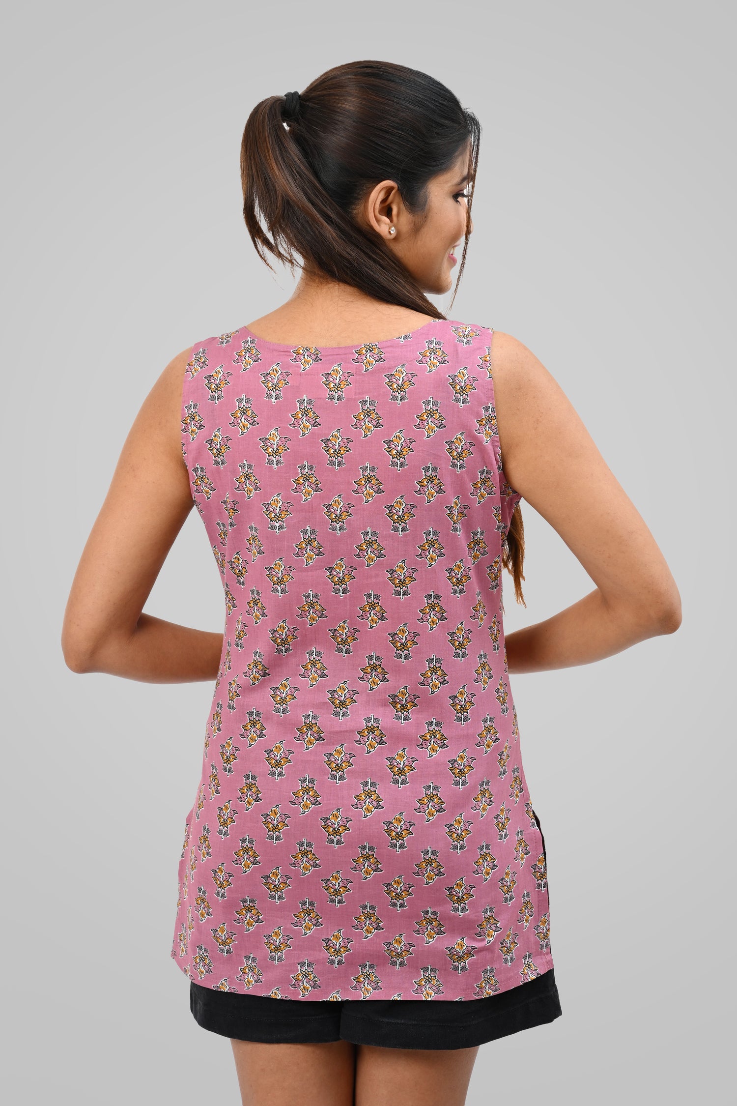 Dusty Lavender Cotton Printed Sleeveless Kurti