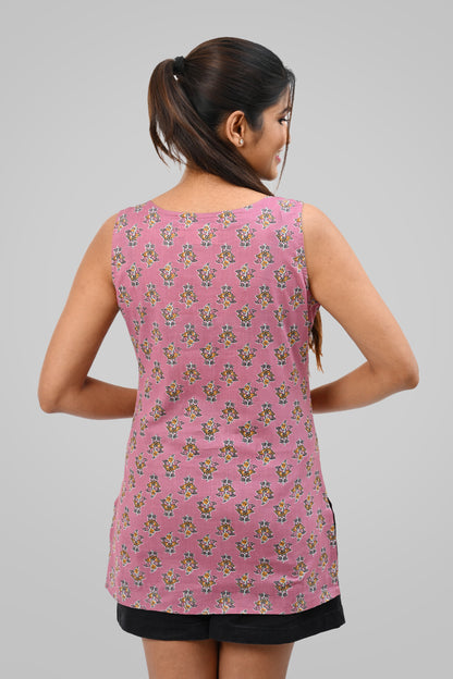 Dusty Lavender Cotton Printed Sleeveless Kurti