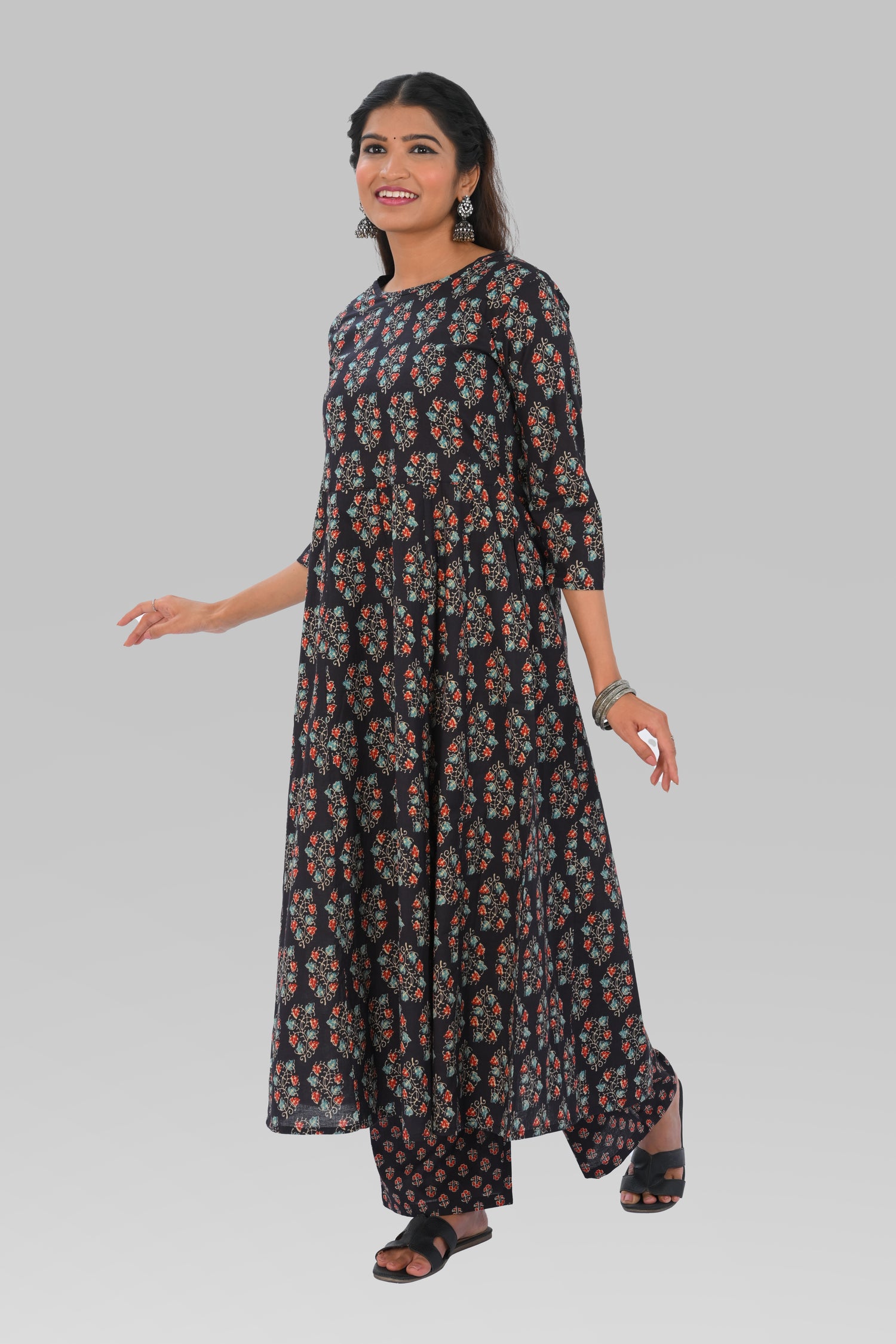 Dark Blue Black Cotton Printed Kurta Set