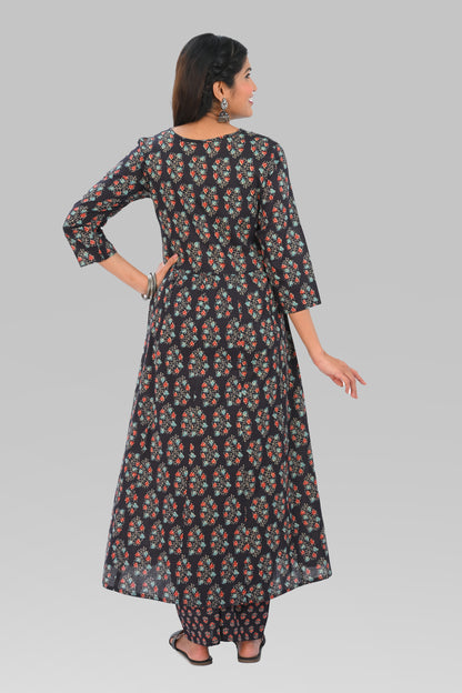 Dark Blue Black Cotton Printed Kurta Set