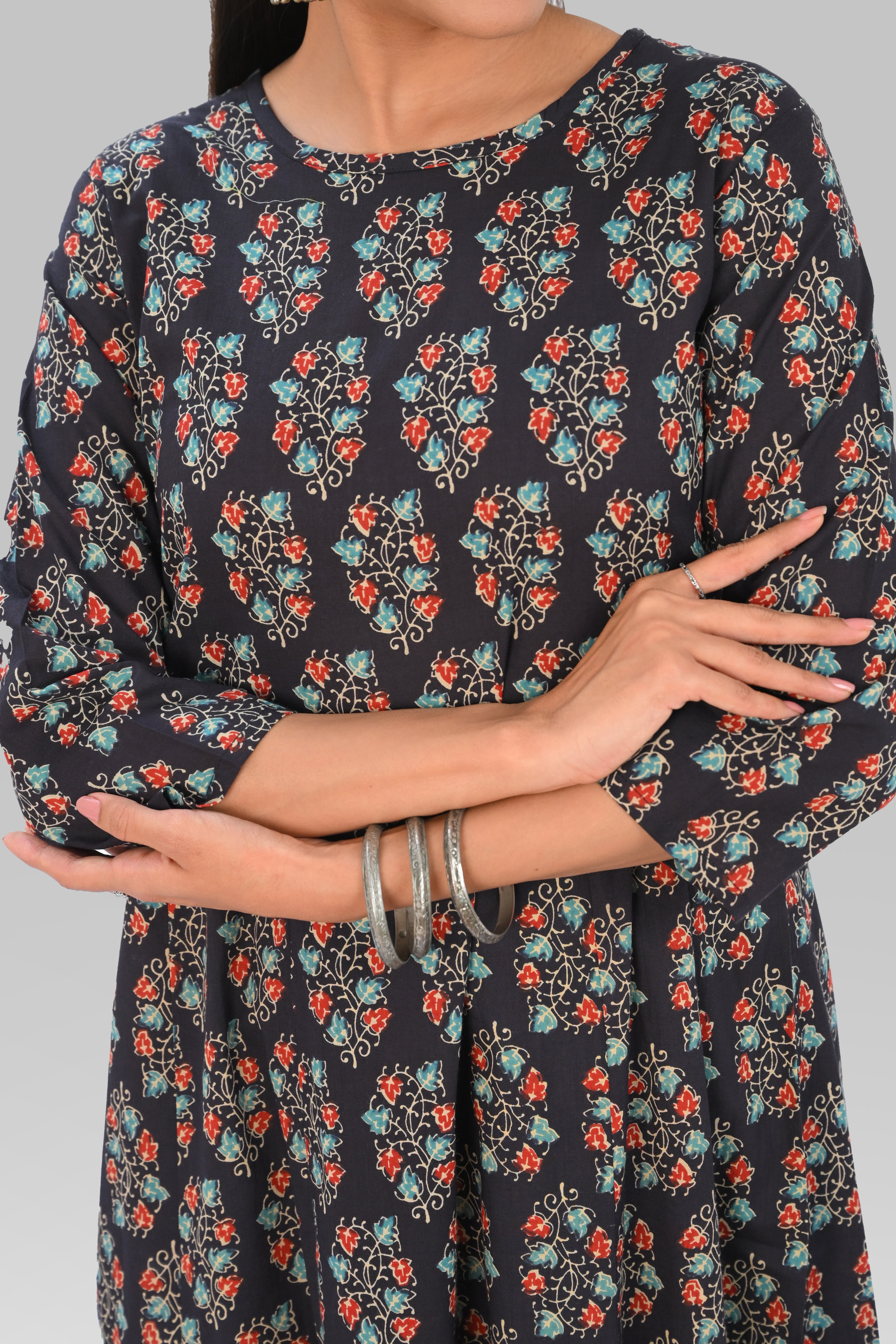 Dark Blue Black Cotton Printed Kurta Set