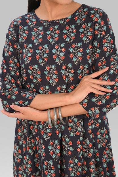 Dark Blue Black Cotton Printed Kurta Set