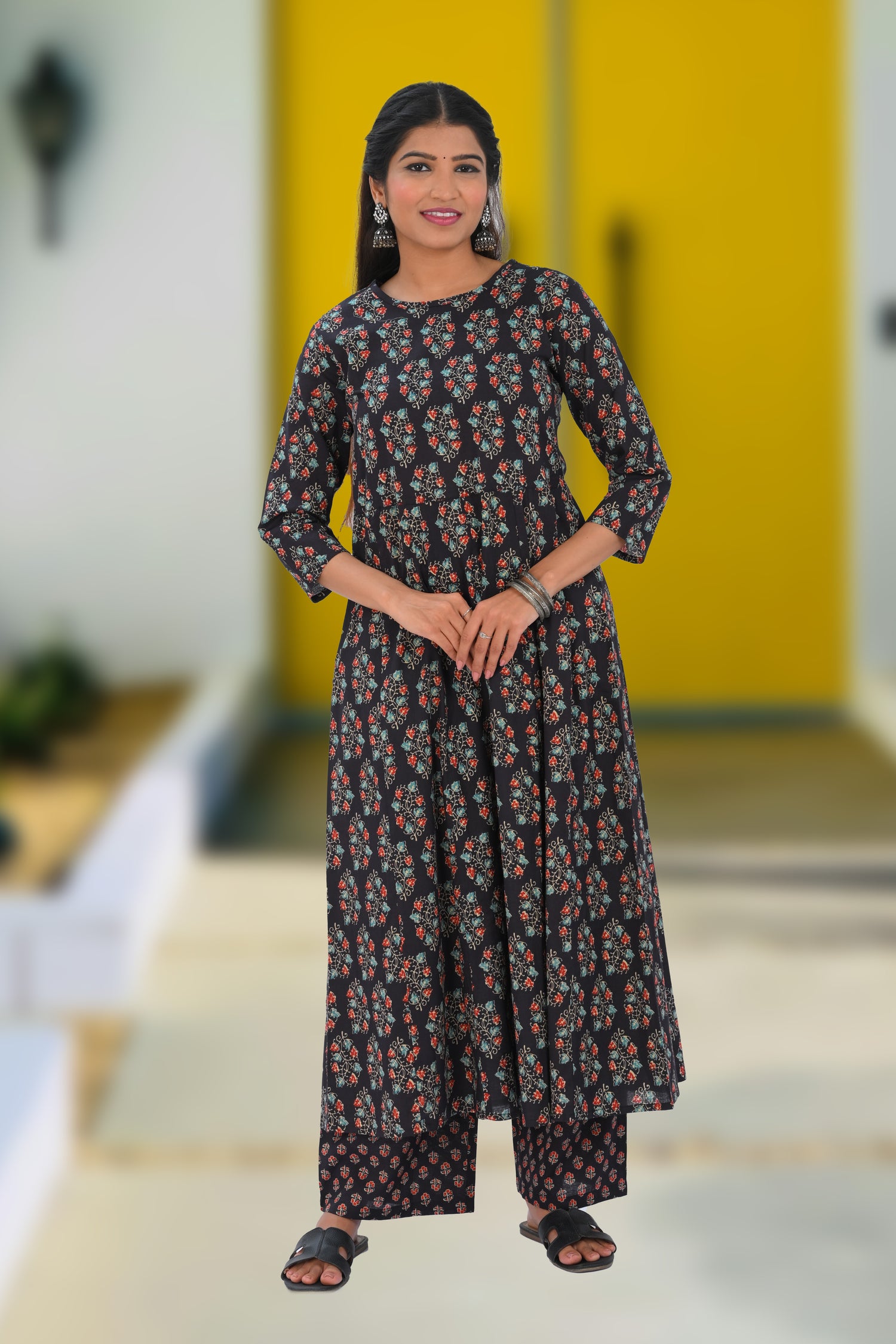 Dark Blue Black Cotton Printed Kurta Set