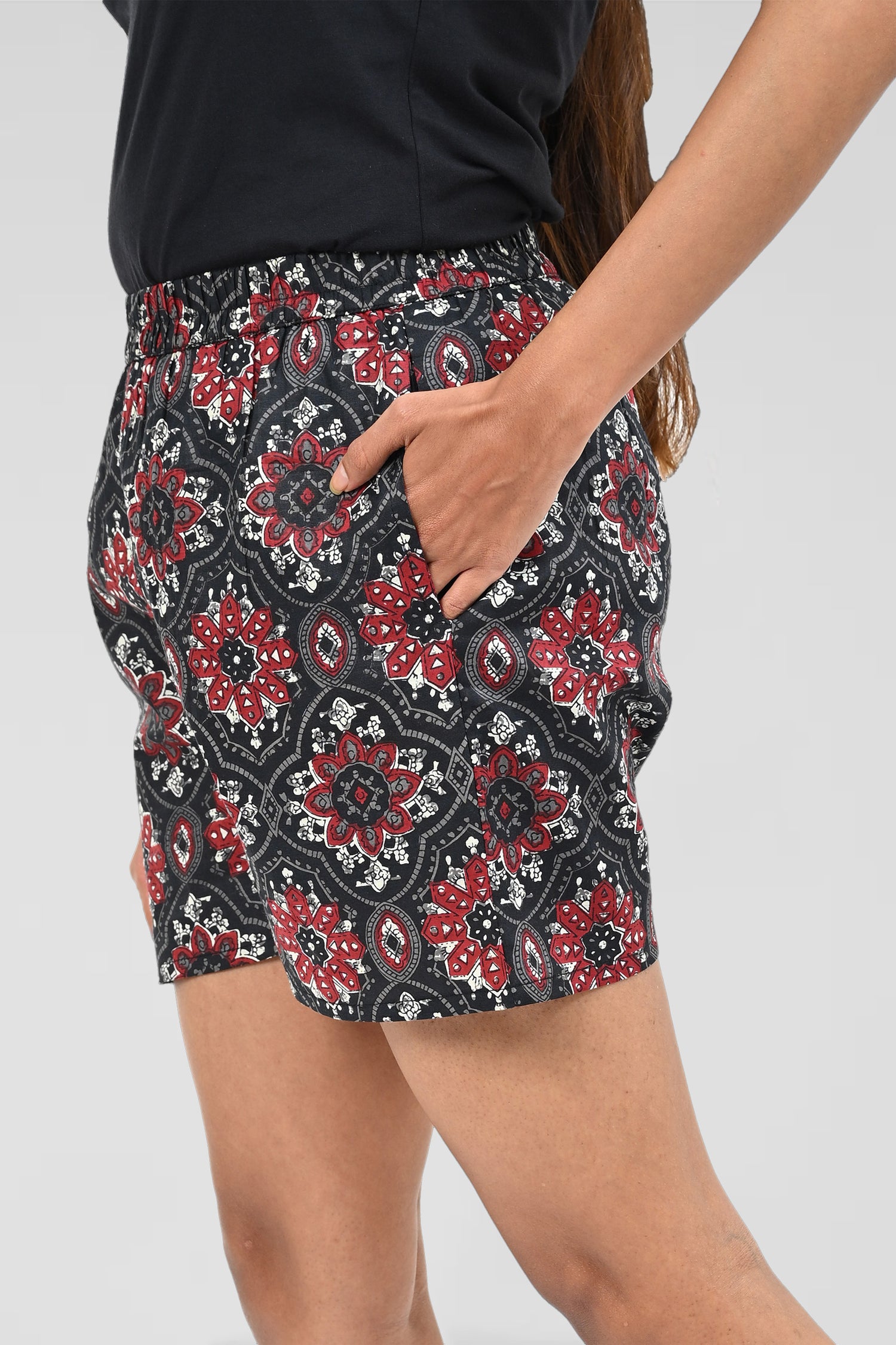 Dark Blue Black Cotton Printed Shorts