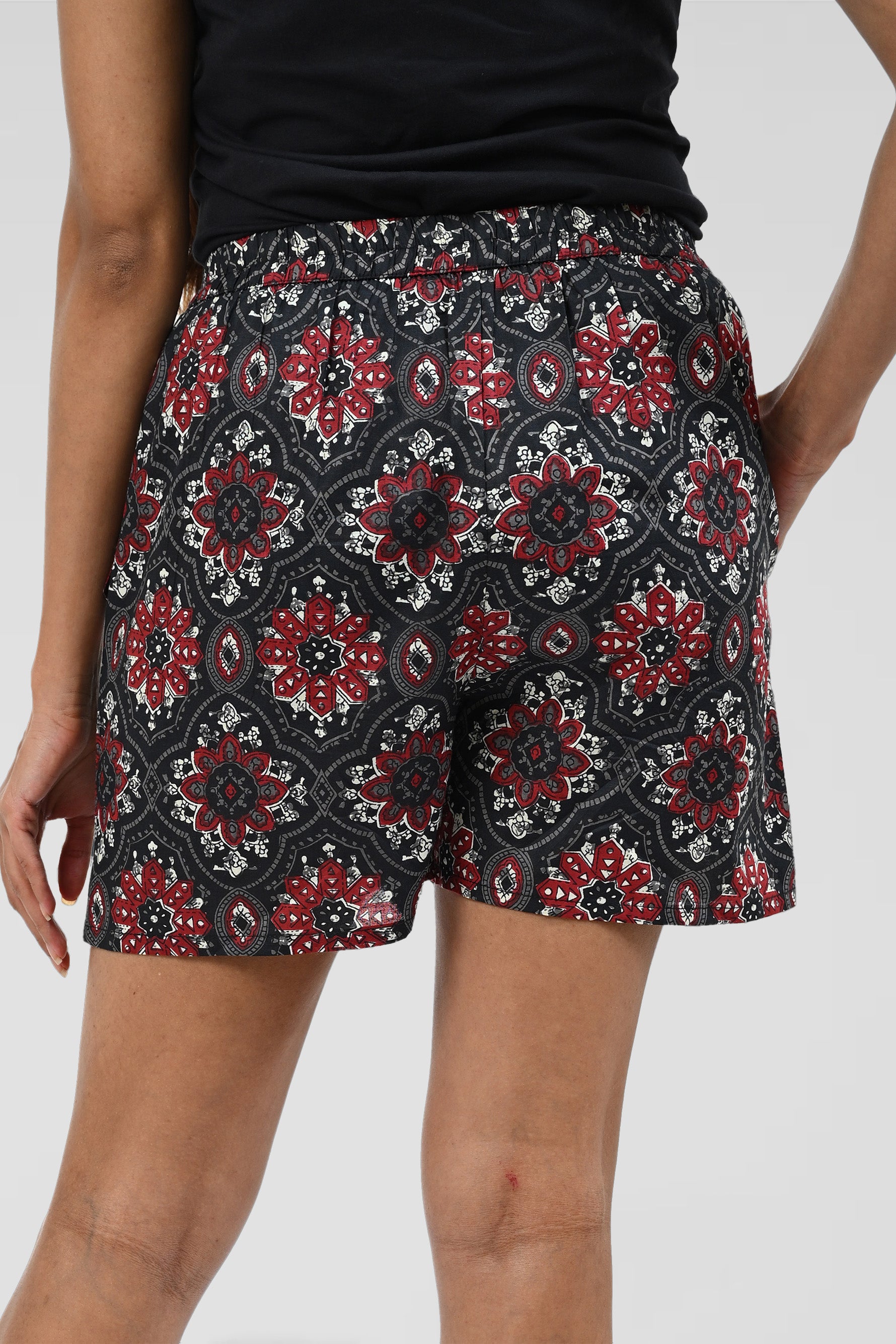Dark Blue Black Cotton Printed Shorts