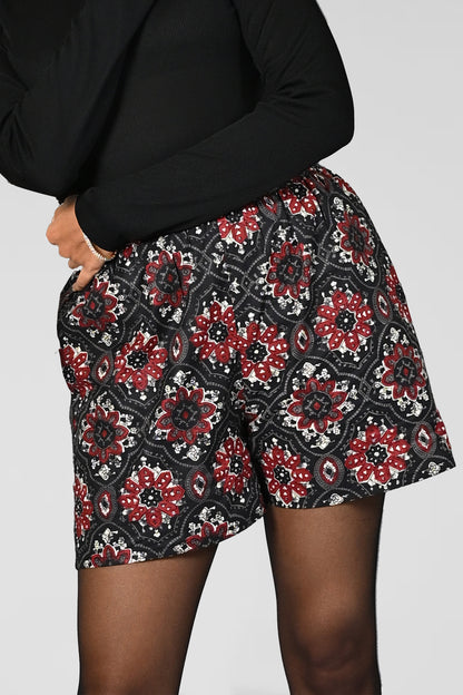 Dark Blue Black Cotton Printed Shorts