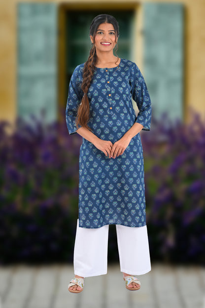 Dark Blue Cotton Printed Long Kurta
