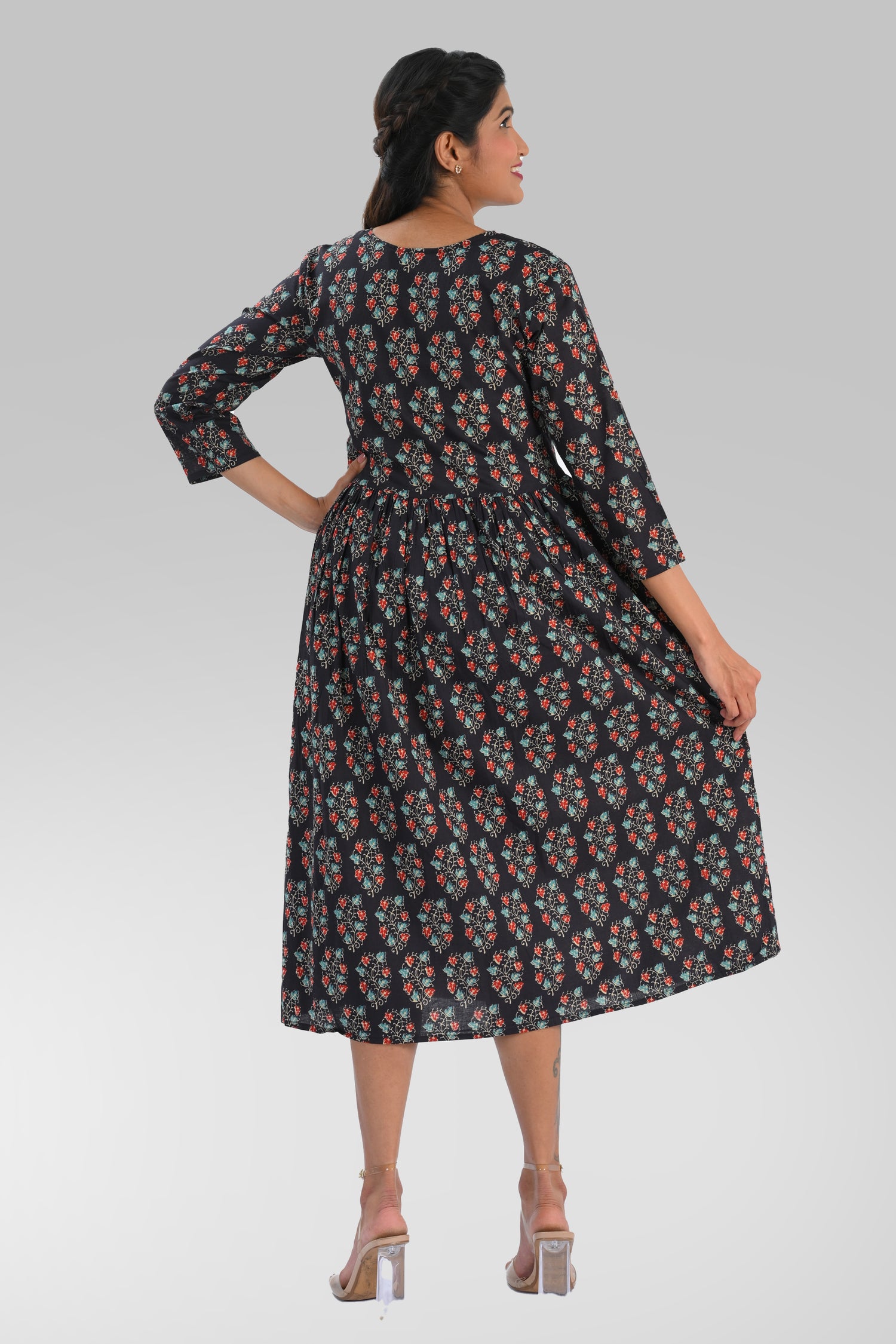 Dark Blue Cotton Printed Midi Dress