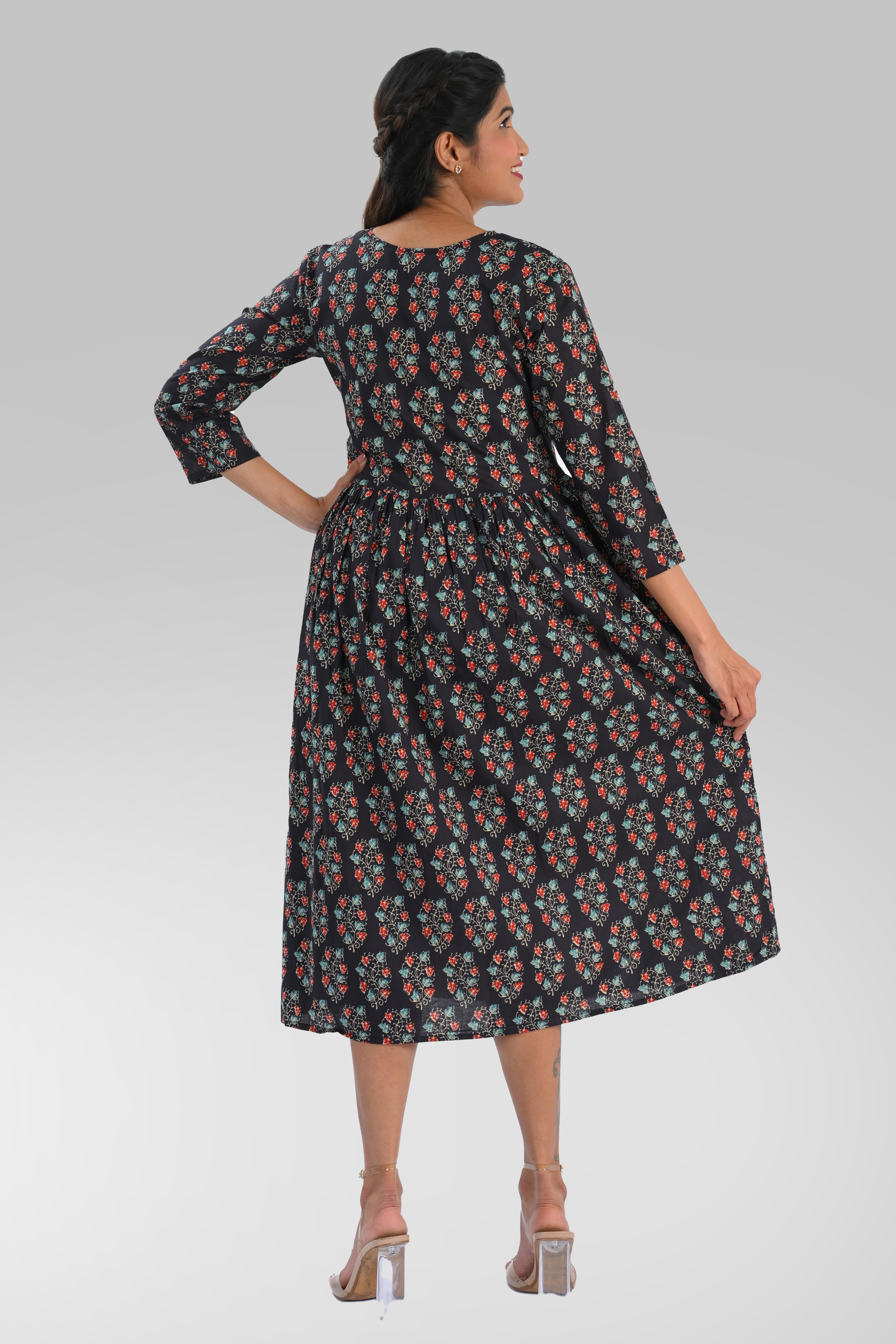 Dark Blue Cotton Printed Midi Dress