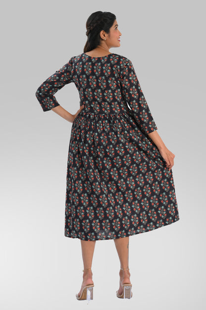 Dark Blue Cotton Printed Midi Dress