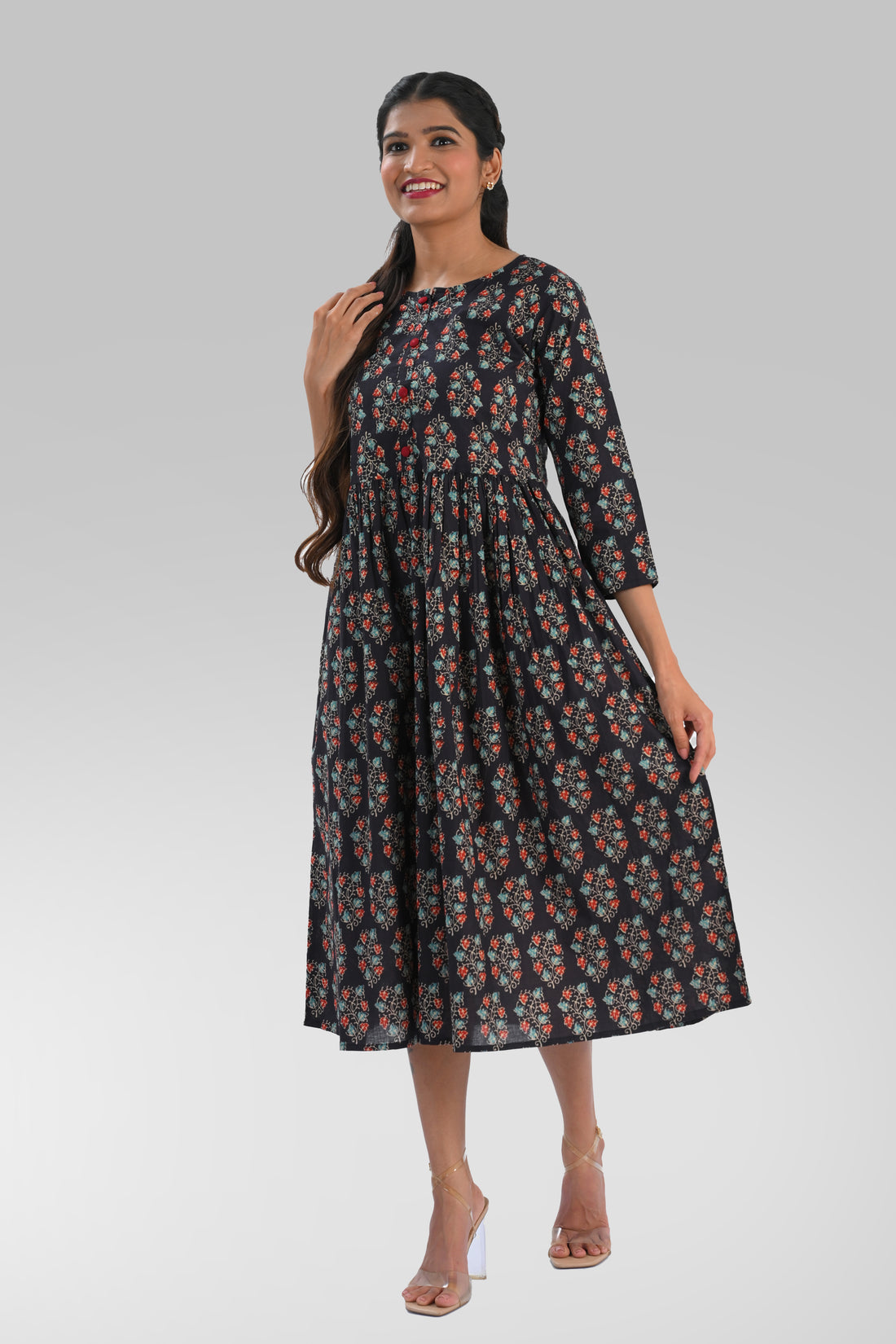 Dark Blue Cotton Printed Midi Dress
