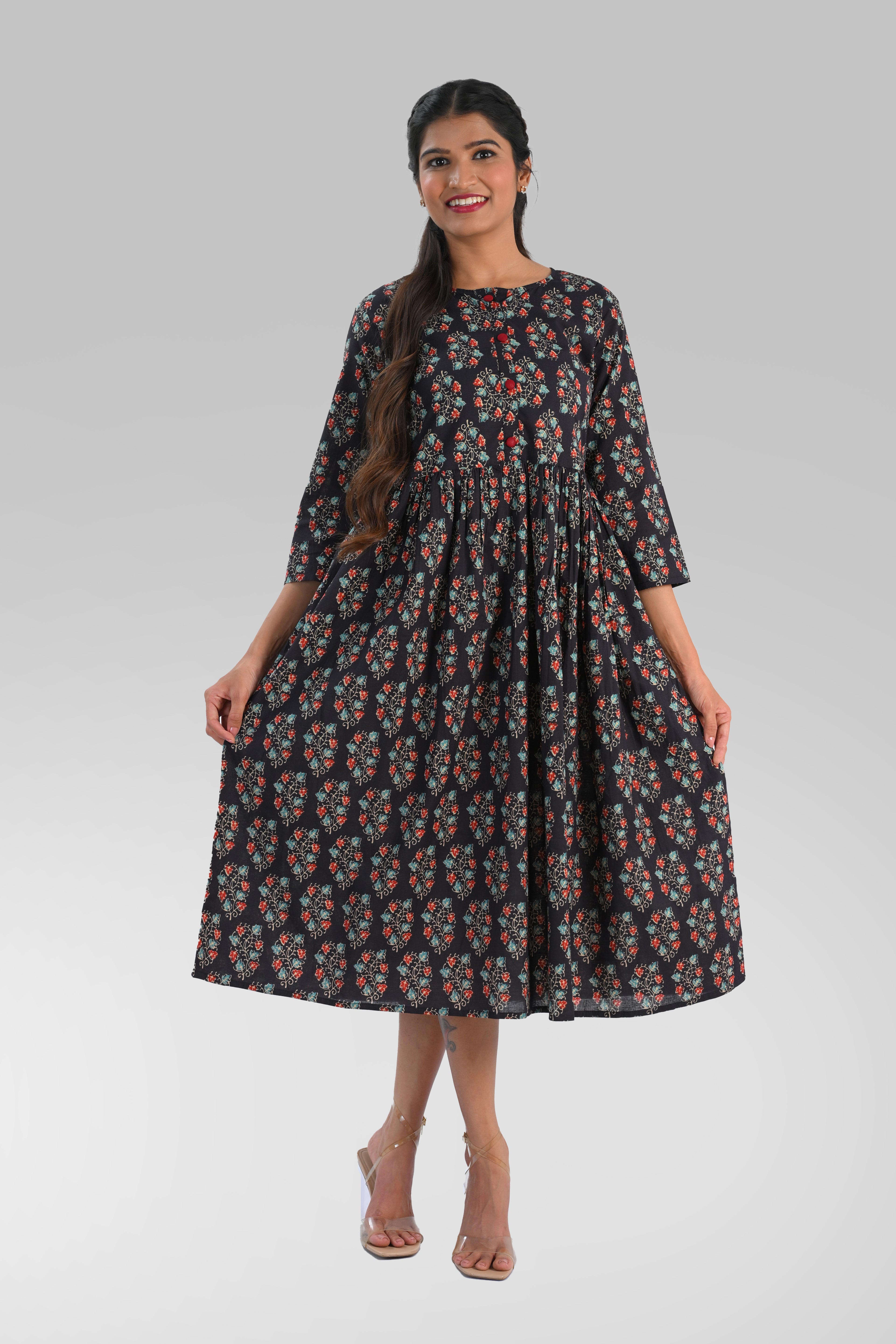 Dark Blue Cotton Printed Midi Dress