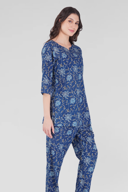 Dark Blue Cotton Printed Pyjama Set