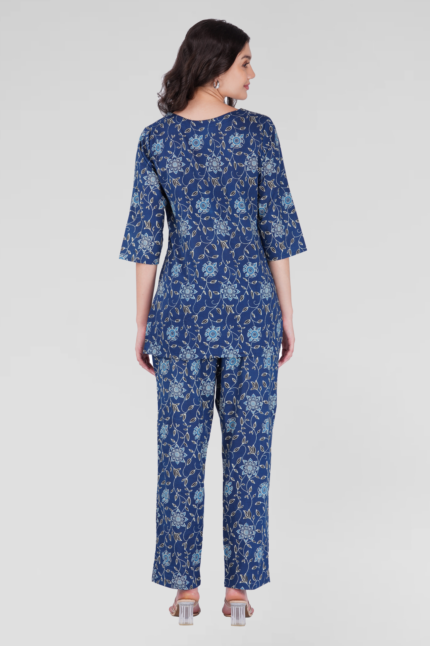 Dark Blue Cotton Printed Pyjama Set