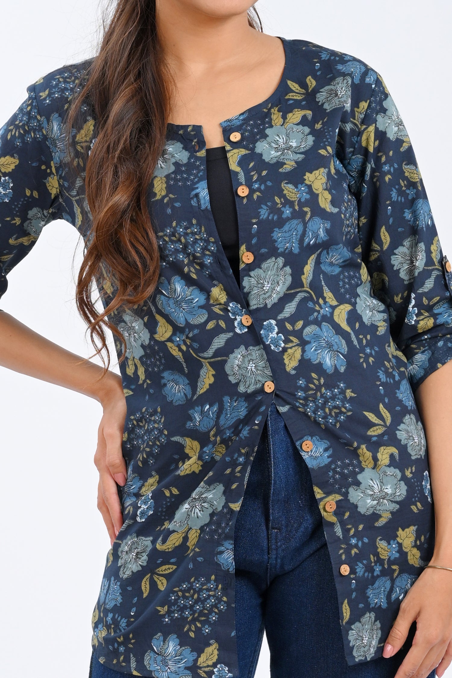 Dark Blue Cotton Printed Short Kurti