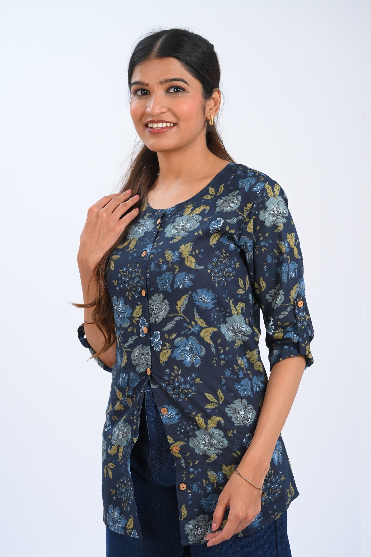 Dark Blue Cotton Printed Short Kurti