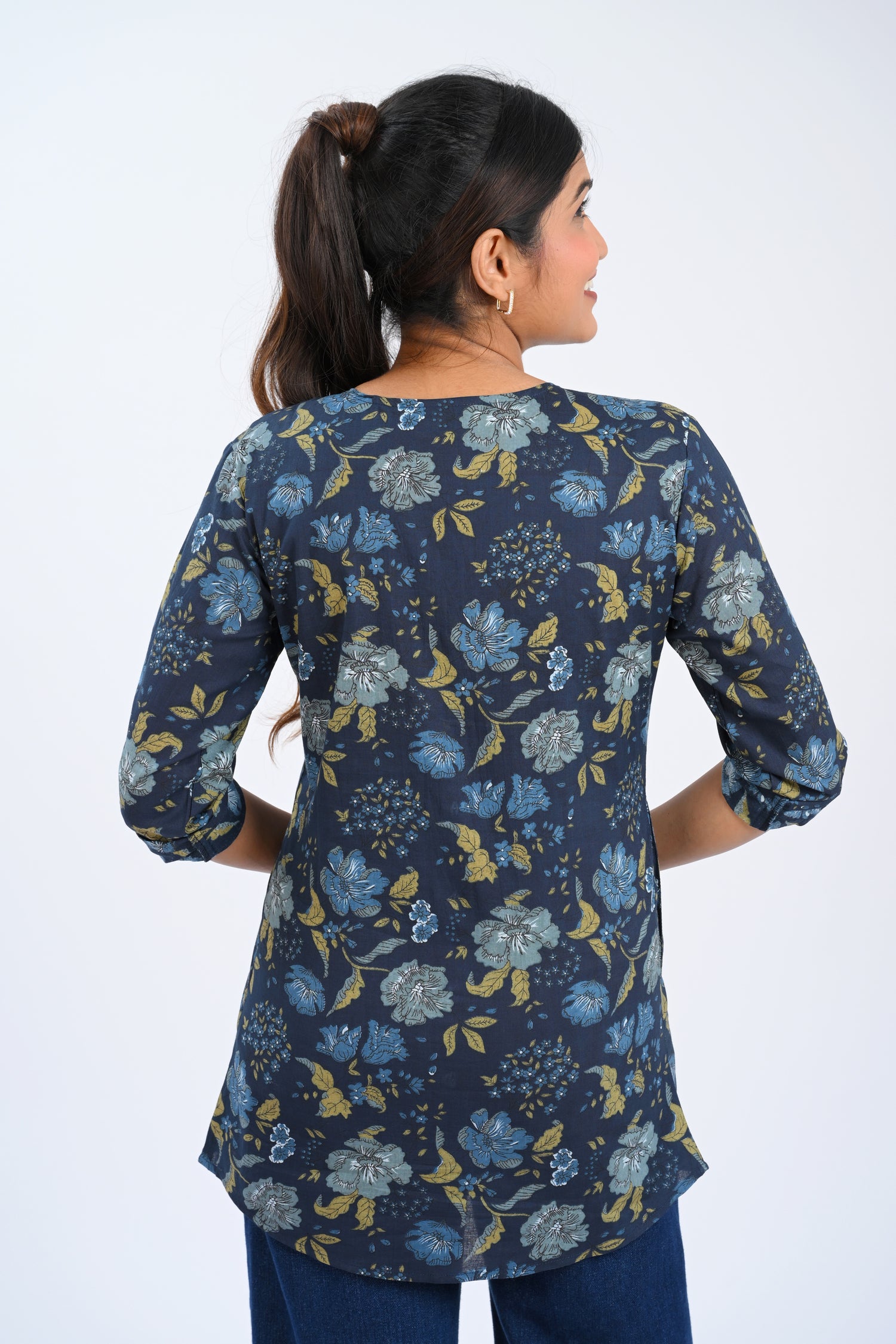 Dark Blue Cotton Printed Short Kurti