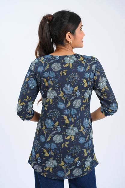 Dark Blue Cotton Printed Short Kurti