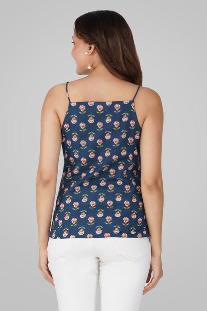 Dark Blue Cotton Printed Strap Top