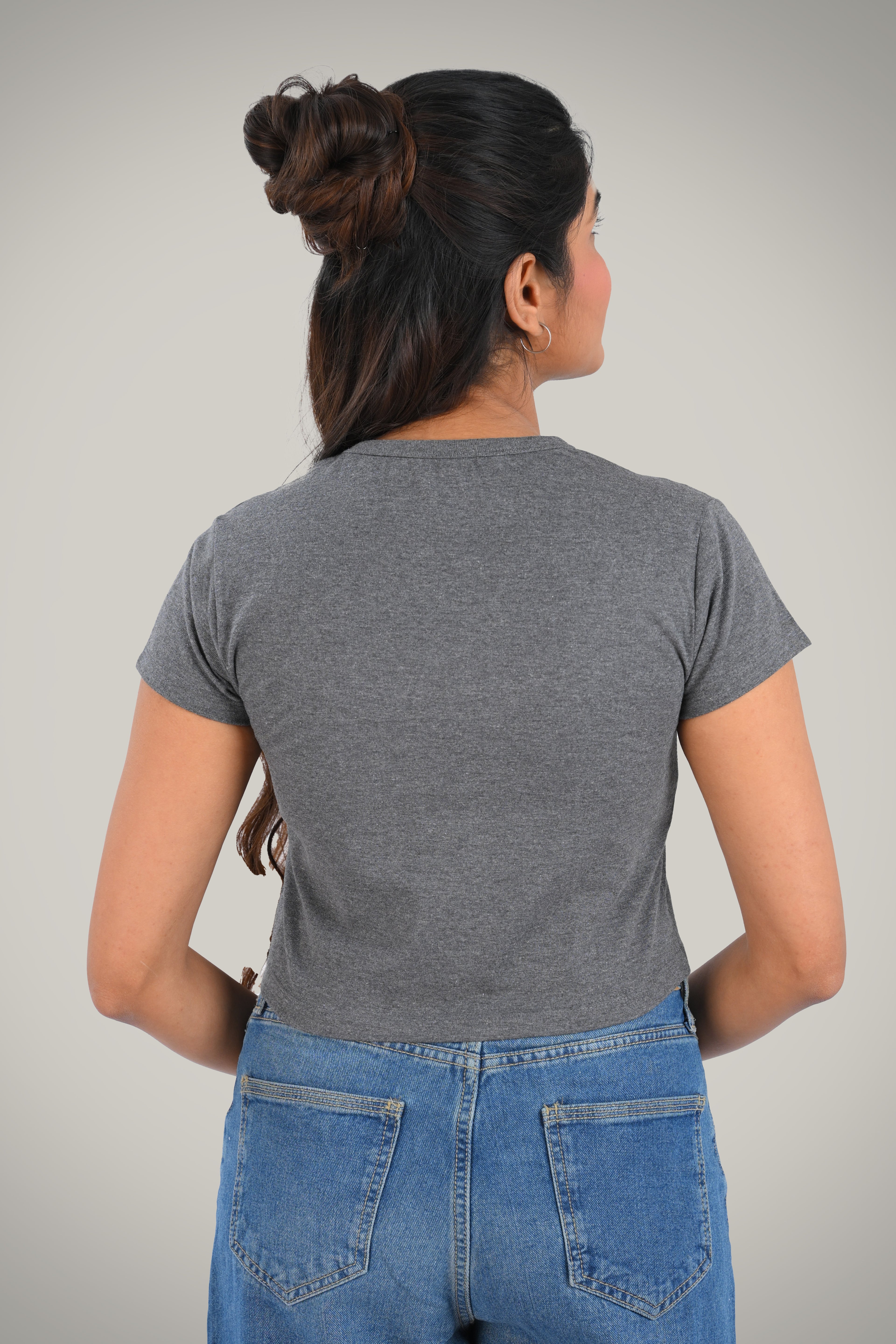 Dark Grey Cotton Crop Crew Neck T-Shirt