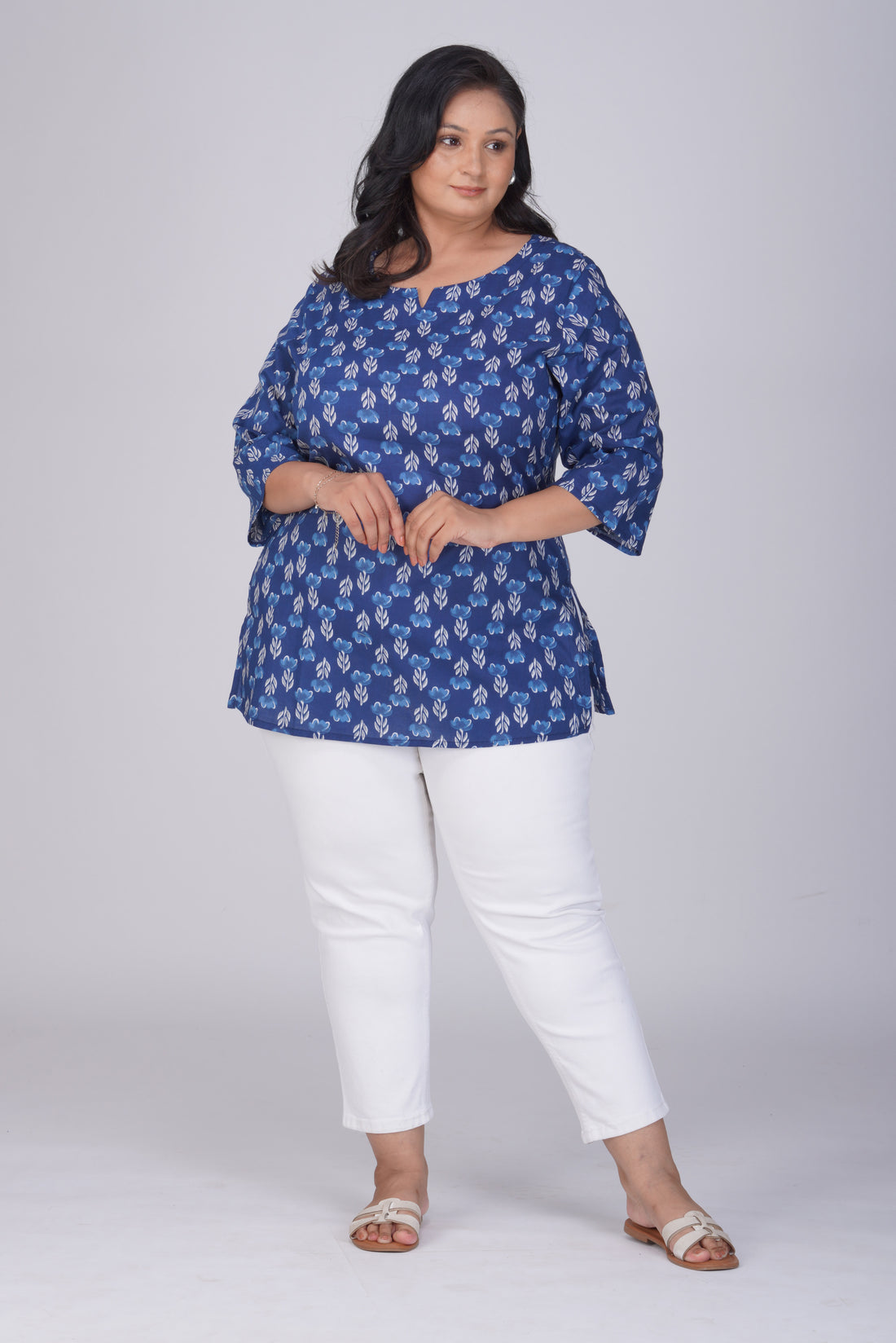 Dark Midnight Blue Plus Size Cotton Printed Kurti