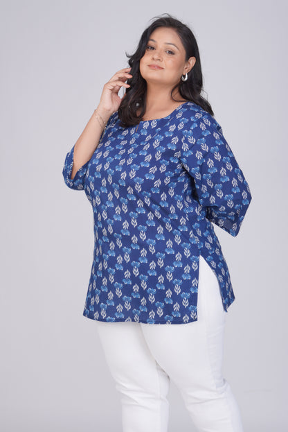 Dark Midnight Blue Plus Size Cotton Printed Kurti