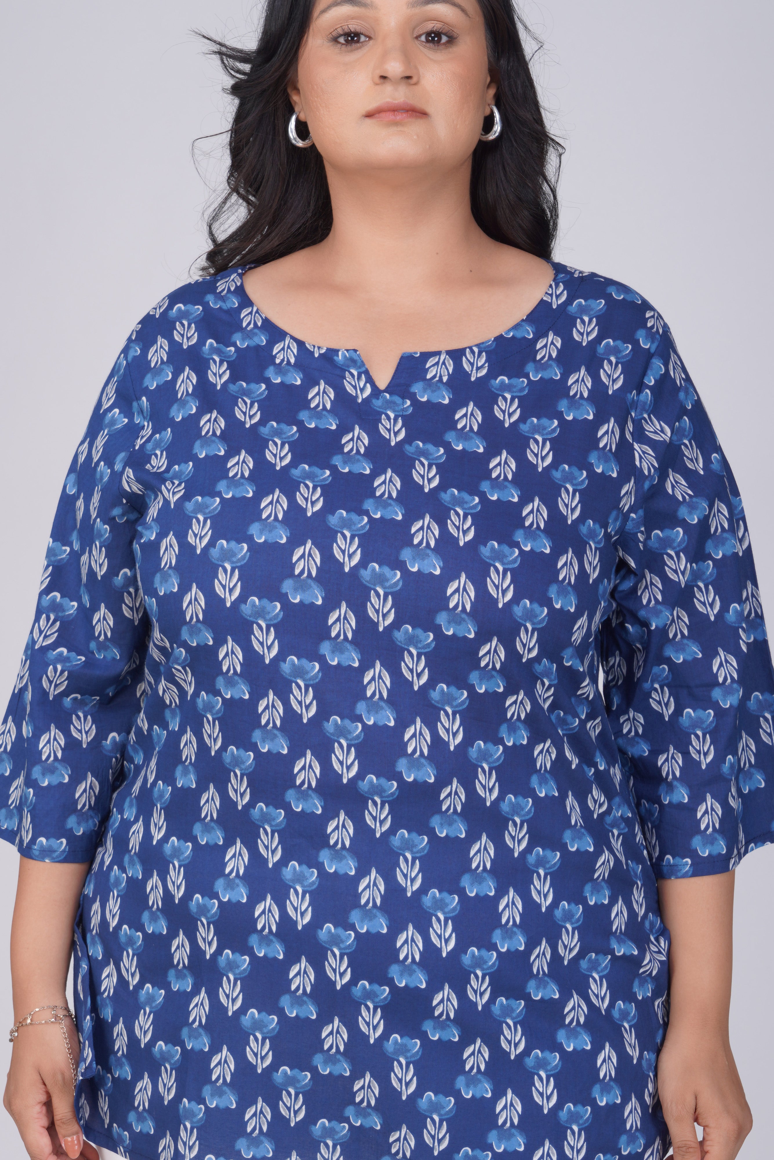 Dark Midnight Blue Plus Size Cotton Printed Kurti
