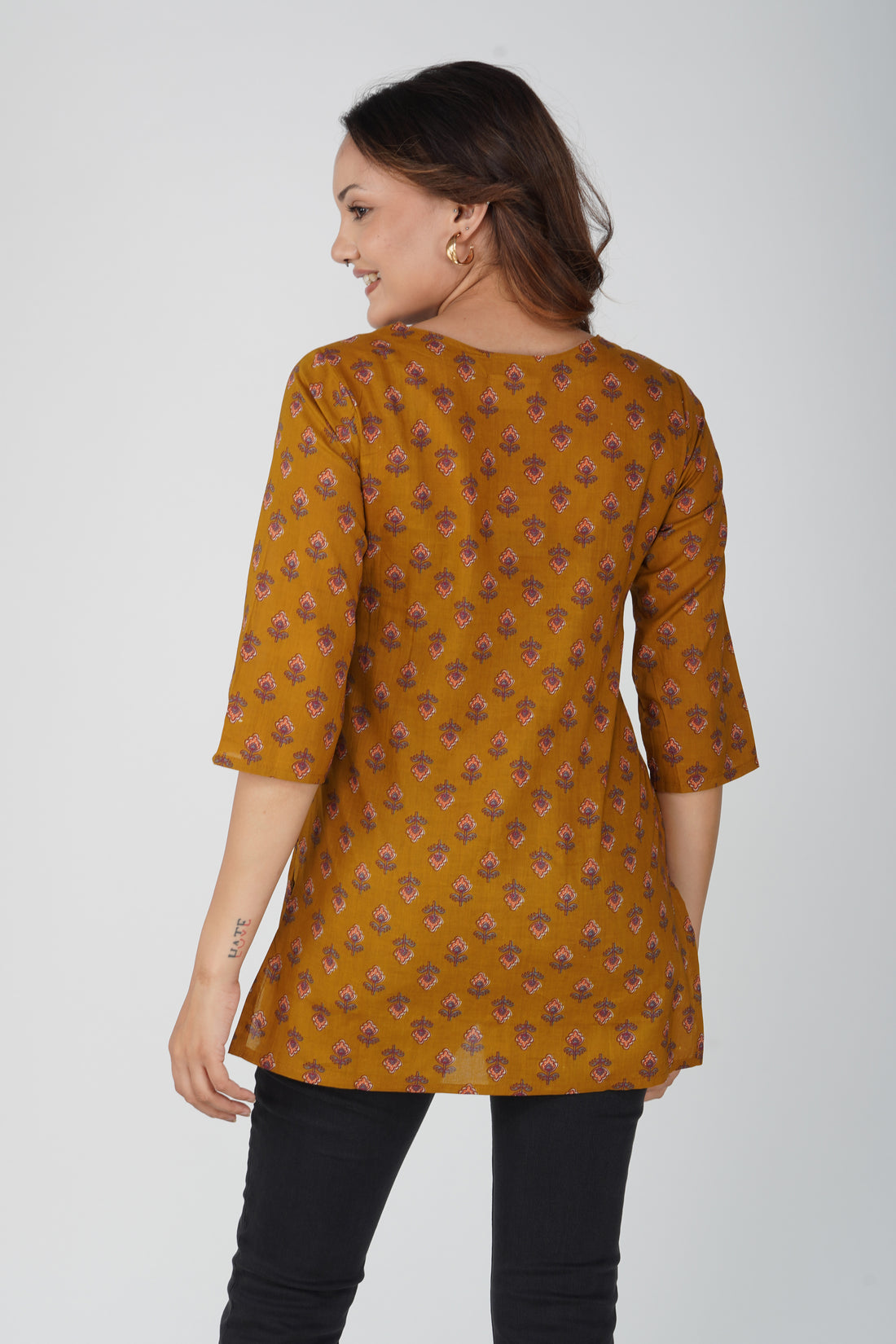 Dark Mustard Cotton Printed Kurti
