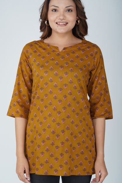 Dark Mustard Cotton Printed Kurti