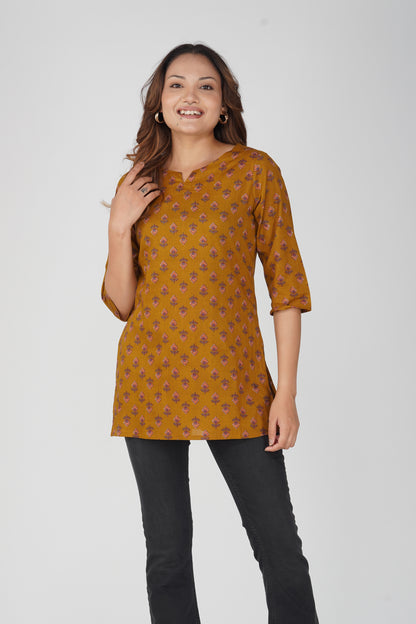 Dark Mustard Cotton Printed Kurti