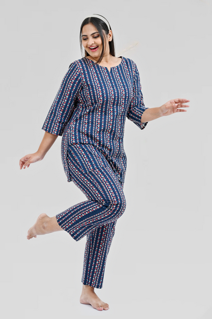 Dark Navy Cotton Printed Pyjama Set