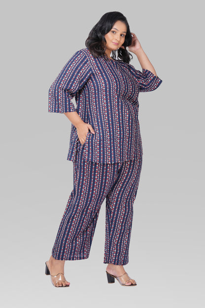 Dark Navy Plus Size Cotton Printed Pyjama Set