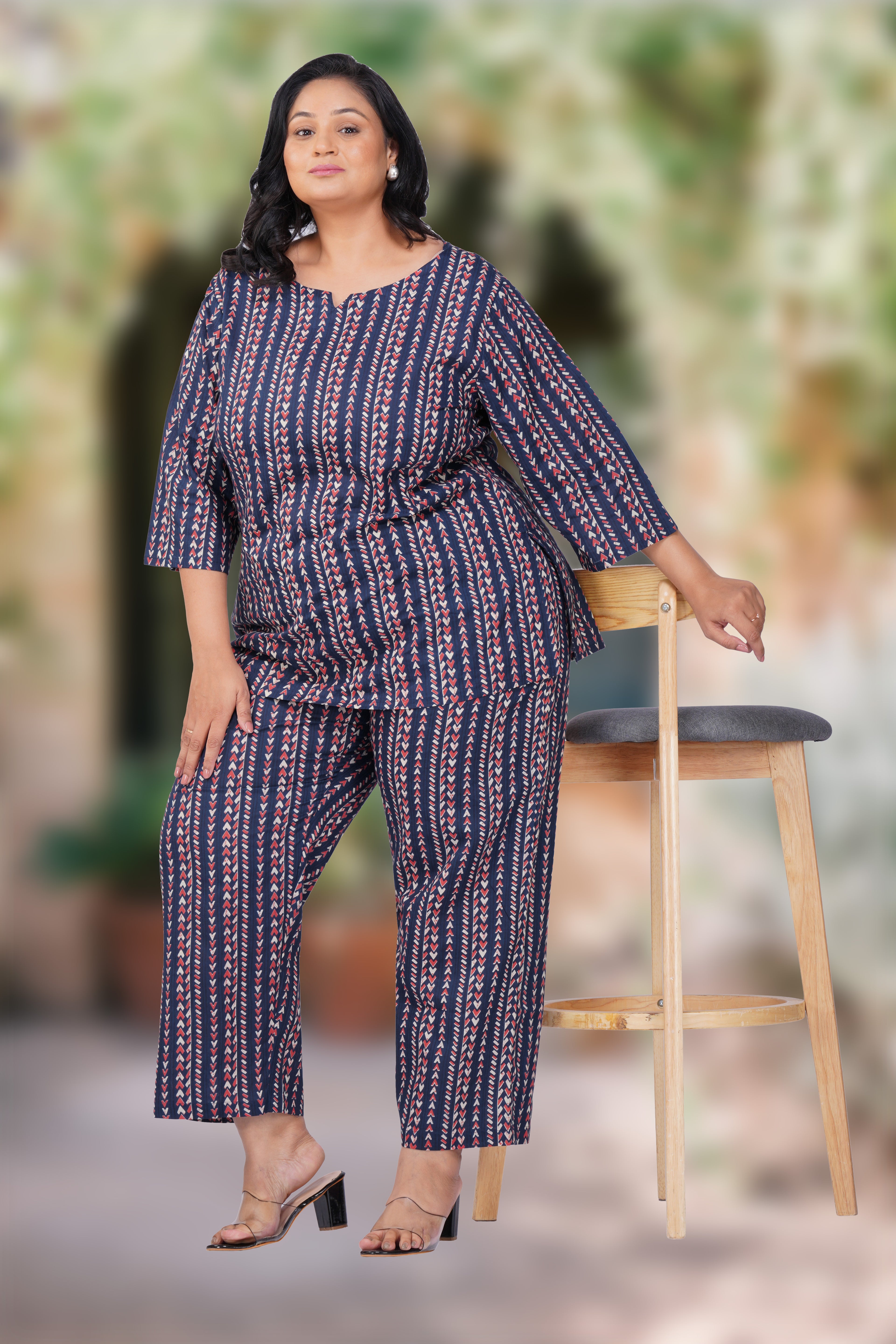 Dark Navy Plus Size Cotton Printed Pyjama Set