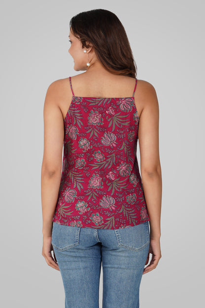 Dark Pink Cotton Printed Strap Top