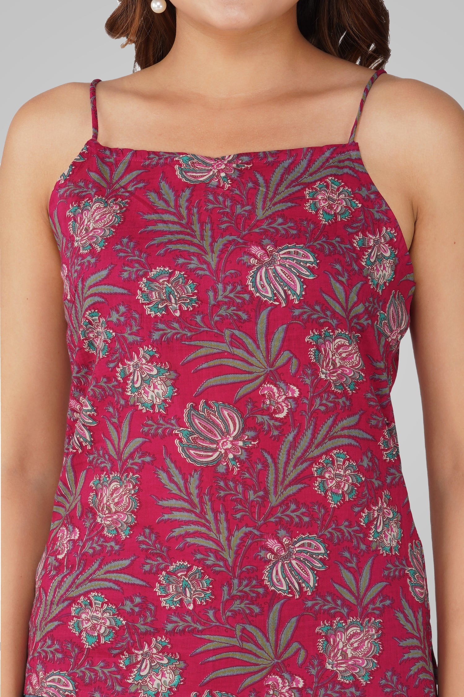 Dark Pink Cotton Printed Strap Top