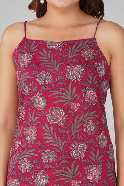 Dark Pink Cotton Printed Strap Top