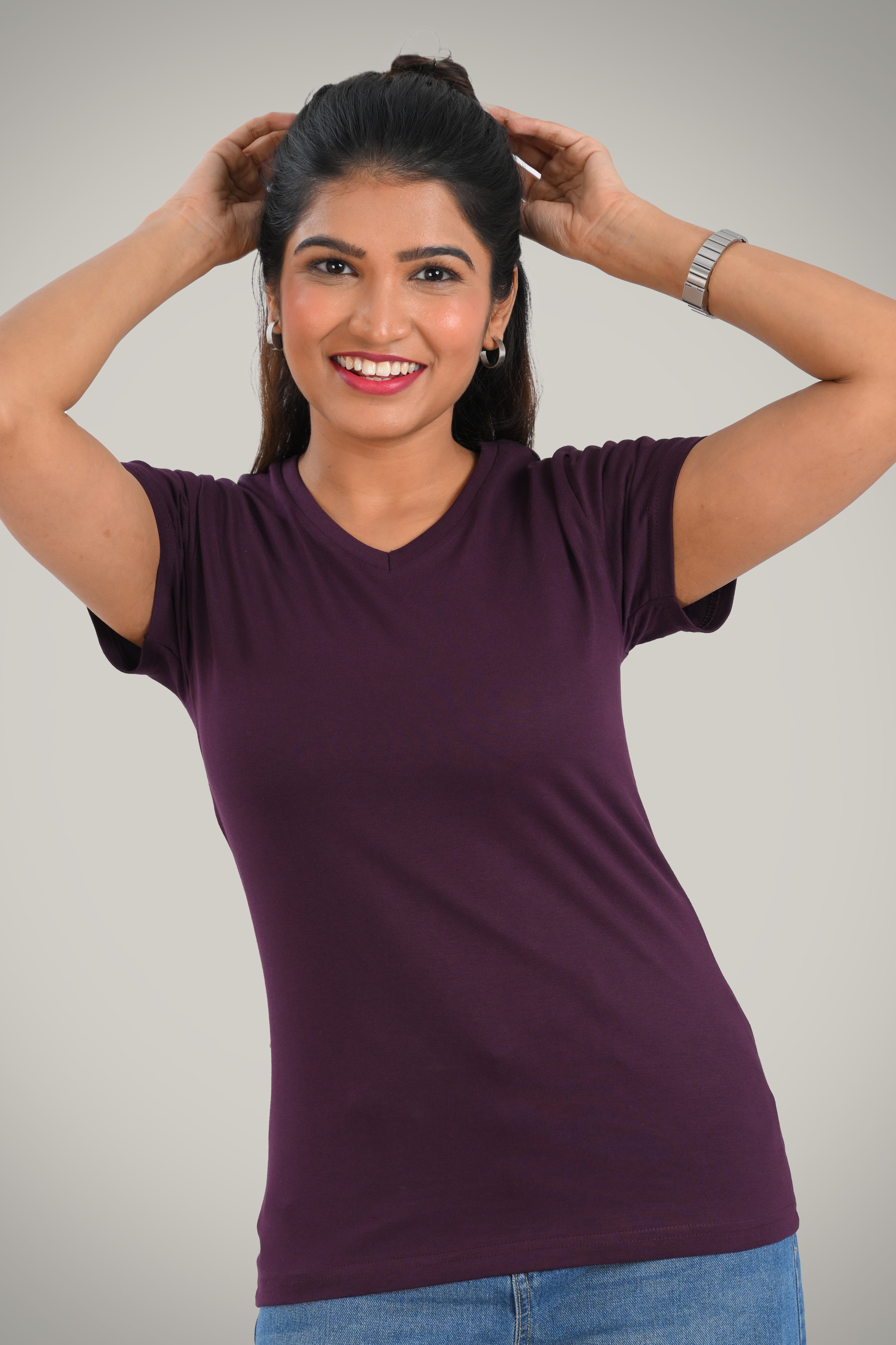 Dark Purple Cotton V Neck T-Shirt