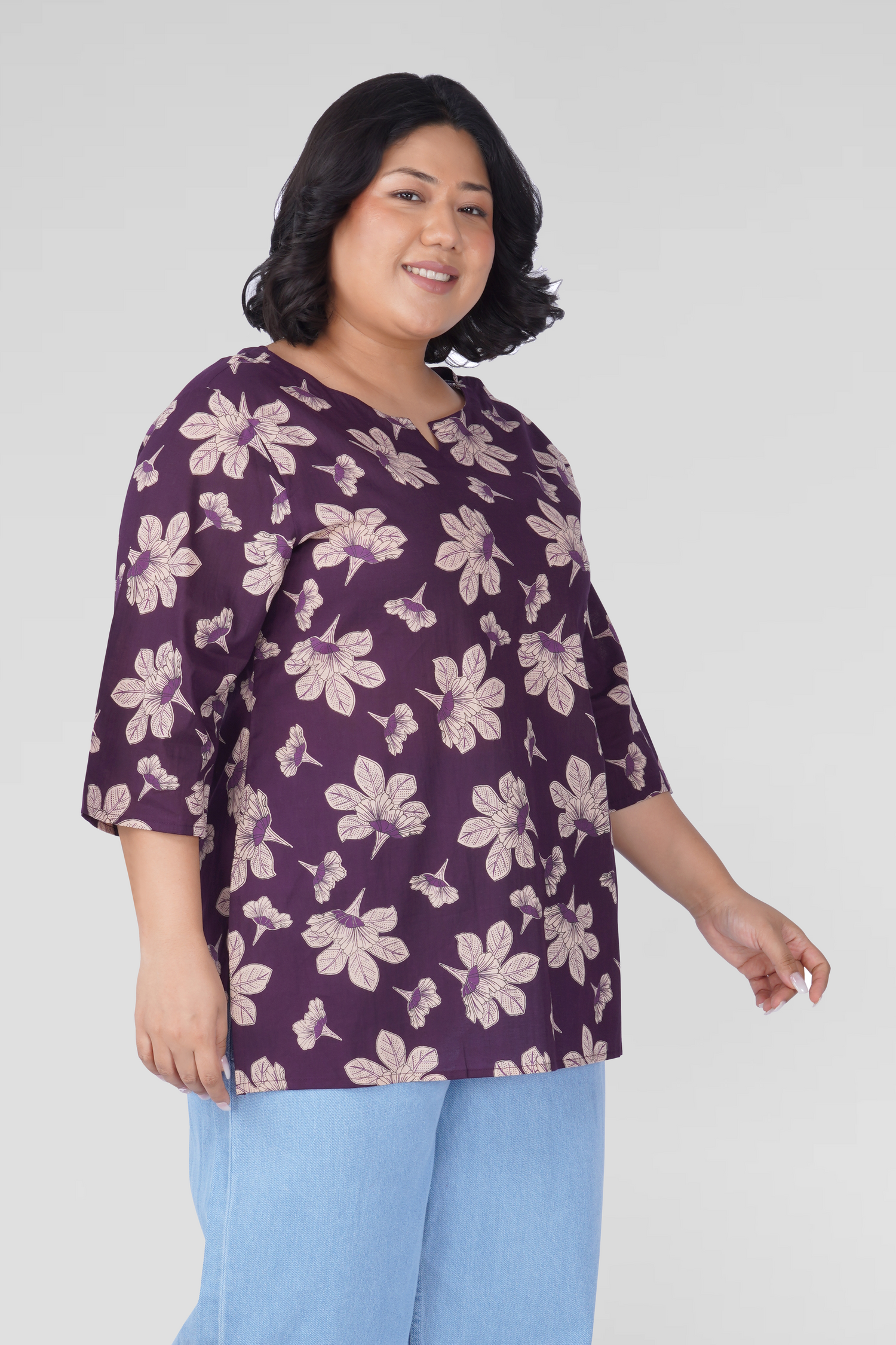 Dark Purple Plus Size Cotton Printed Kurti